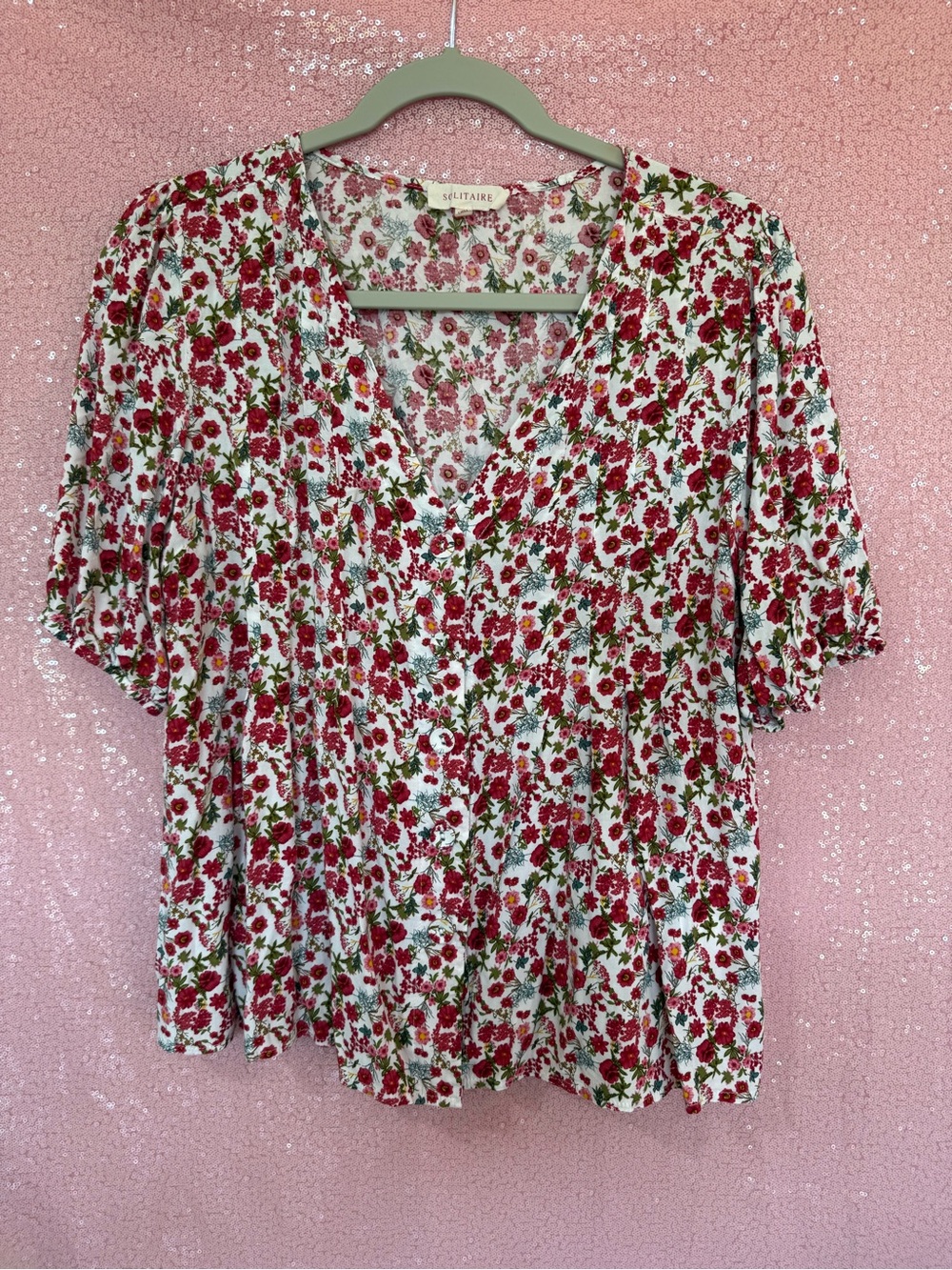 Solitaire White V-Neck Red Floral Blouse